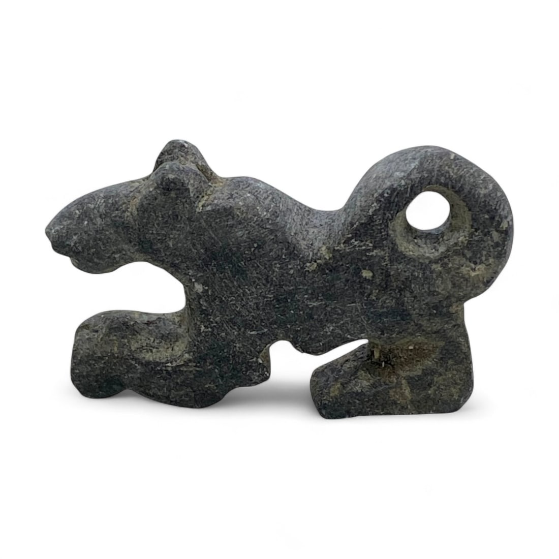 Ancient Parthian Feline-Form Steatite Amulet, c. 1st-3rd Century CE, 26g: This finely carved steatite amulet from the Parthian Empire, dating to the 1st-3rd century CE, depicts a stylized feline in a dynamic, prowling pose. Measuring approximately 1.97 inches (5 cm) in leng