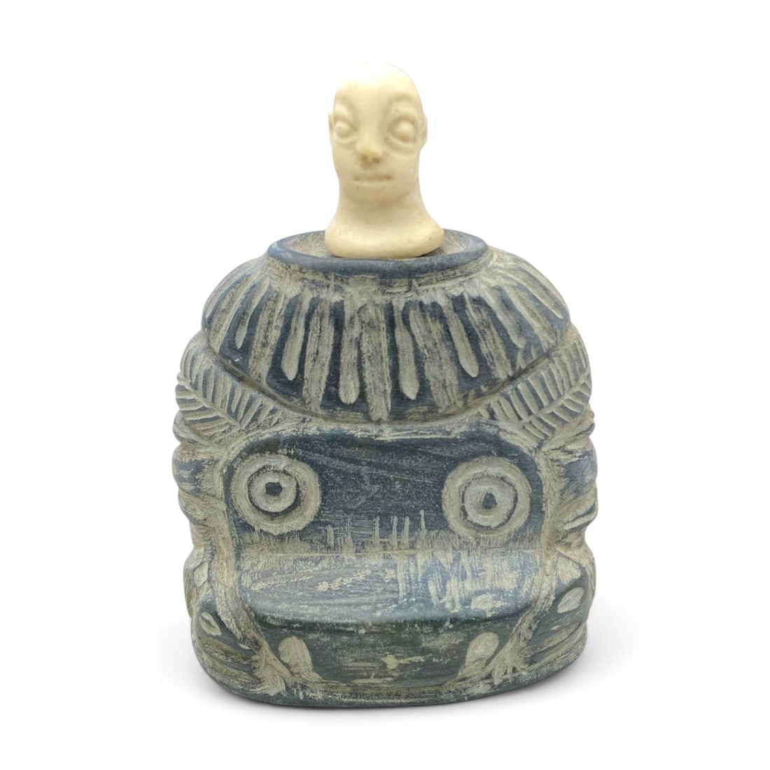 Ancient Bactrian Ritual Idol with Large-Eyed Torso, c. 3rd-2nd Millennium BCE, 370g: Striking in form and aura, this ancient Bactrian idol stands as a bold testament to the spiritual artistry of the Bactrian Margiana Archaeological Complex. Weighing 370 grams and standing 9 cm tall, t