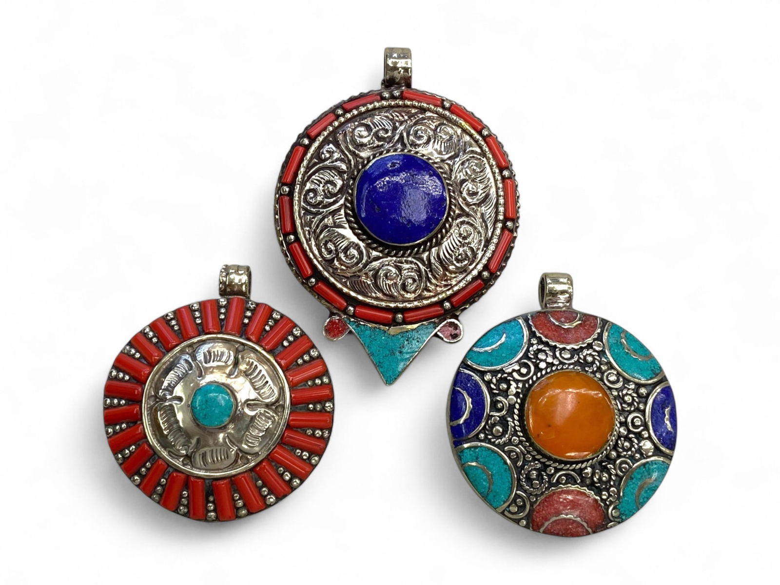 Tibetan Himalayan Tribal Silver Ritual Pendants Set, Coral-Lapis Inlay, c. 20th Century, 145g (1 of 1)