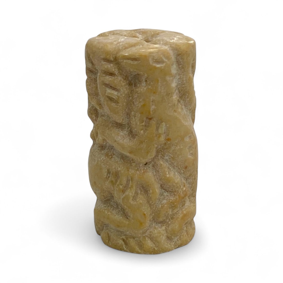 Ancient Mesopotamian Caprid Hunt Motif Steatite Cylinder Seal, c. 3rd Millennium BCE, 26g: This finely carved cylinder seal, measuring 3.6 cm in height and weighing 26 grams, is a compelling artifact from the ancient Mesopotamian world. Fashioned from light-toned steatite, it presents a dyn