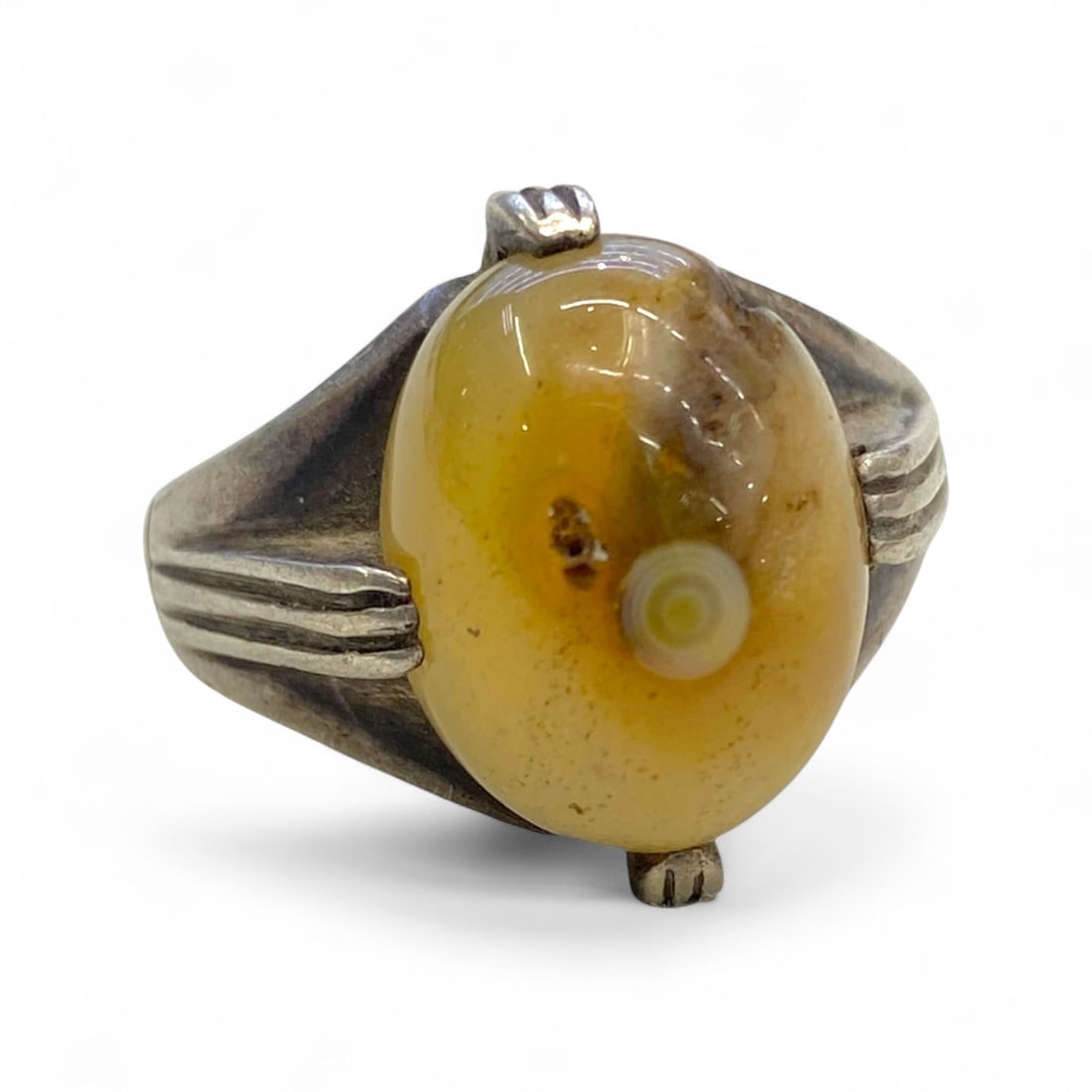 Antique Middle Eastern Silver Ring with Banded Agate Cabochon, c. Mid 20th Century, 8g (1 of 4)