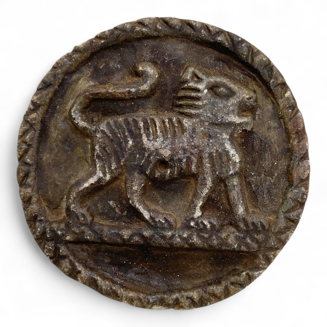 Ancient Indus Lion Motif Schist Disc Plaque, c. 3rd Millennium BCE, 34g (1 of 2)