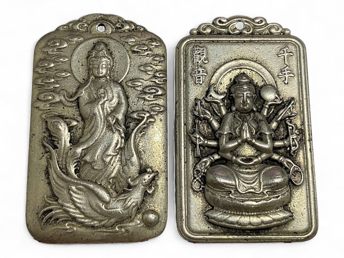 Vintage Chinese Guanyin and Dragon Symbolic Silver Alloy Medallion Pair, c. Mid-20th Century, 130g: This striking pair of vintage Chinese silver alloy medallions embodies a rich tapestry of spiritual symbolism and cultural lore. Cast in high relief with intricate detail, one medallion features Guany