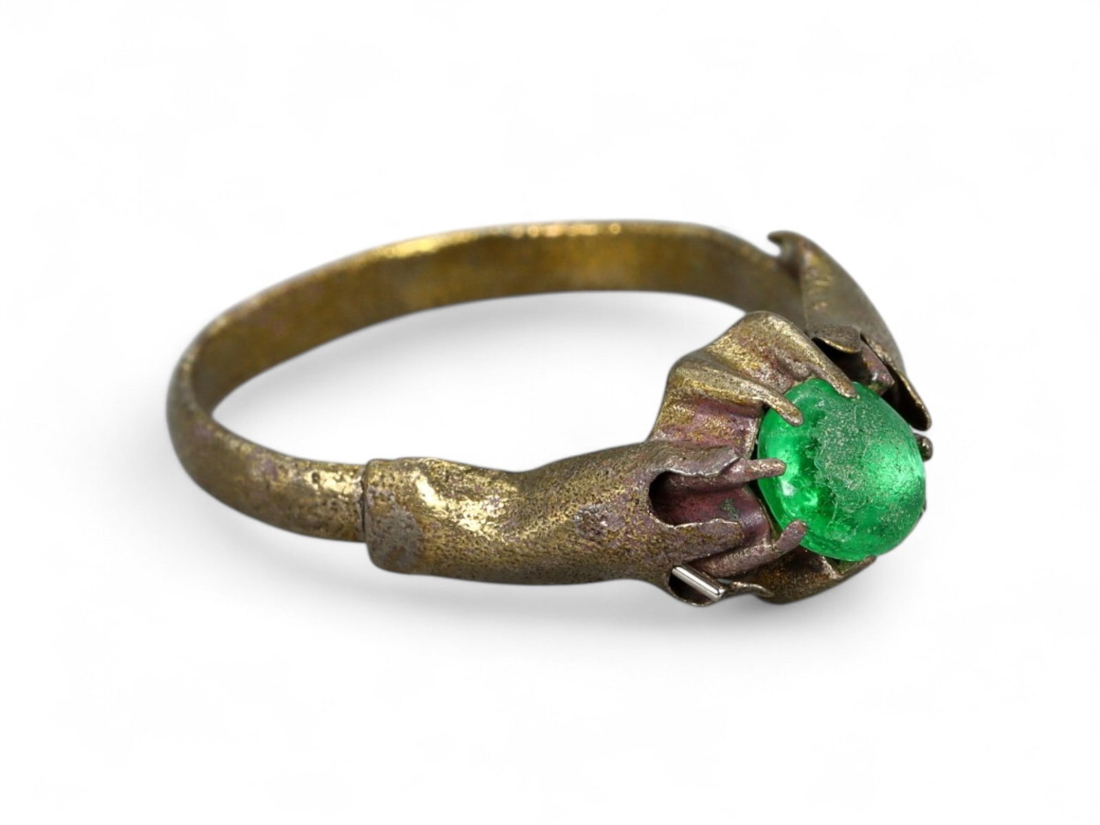 Ancient Roman Claw-Set Green Glass Gem Bronze Ring, c. 3rd-4th Century CE, US 4, 1.3g: This elegant Ancient Roman bronze ring, dating to the 3rd-4th century CE, features a striking claw setting cradling a vibrant green glass cabochon. Roman lapidaries often used colored glass to imitate