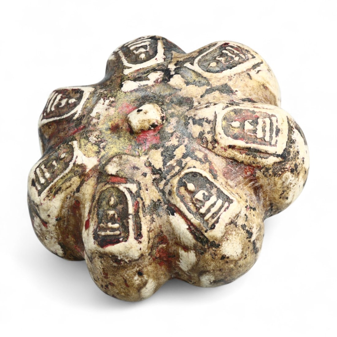 Antique Thai Clay Buddha Amulet Lotus-Gourd Reliquary, c. 19th Century, 376g: This remarkable and highly symbolic clay object, crafted in the form of a lotus-gourd or pumpkin blossom, is a rare Thai ritual reliquary featuring repeated seated Buddha motifs across each rounded lo