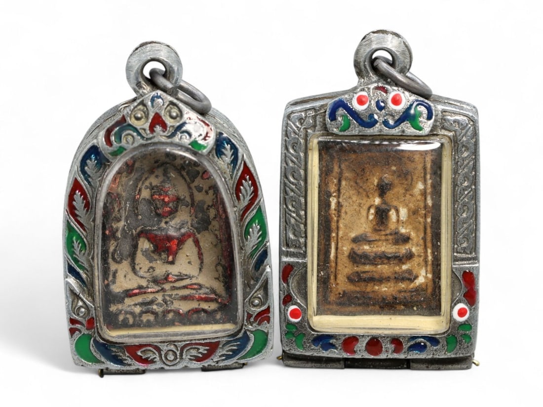 Antique Thai Buddha and Temple Clay Amulet Pair in Color-Enamel Silver Alloy Frames, 61g (1 of 2)