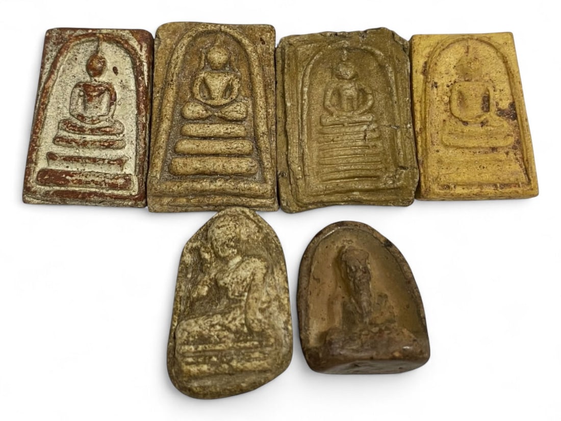 Antique Thai Mixed Buddha Amulet Set of Somdej and Meditative Forms in Clay-Resin, 45g: This eclectic set of six antique Thai amulets brings together two revered Buddhist forms-Somdej and meditative seated Buddha-in a unified collection reflecting the spiritual breadth of Thai devotional