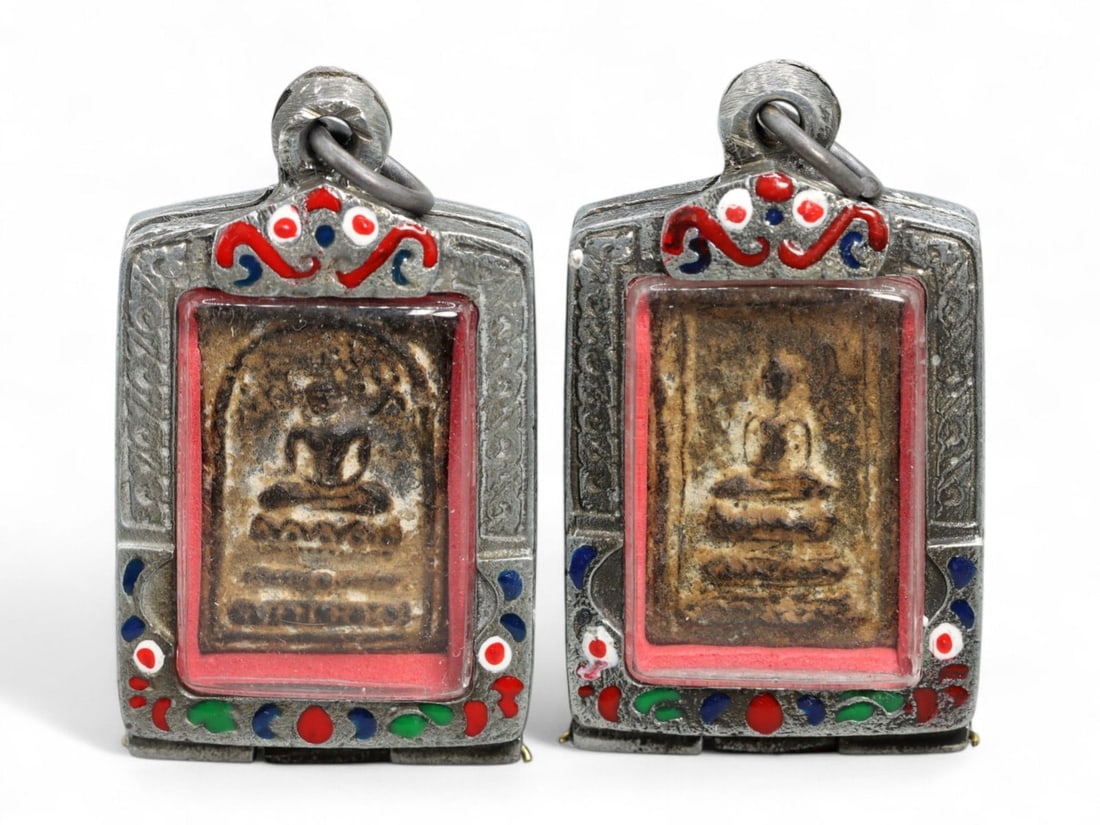 Antique Thai Buddha Clay Amulet Pair with Inscription and Enamel Silver Alloy Frames, 57g (1 of 2)