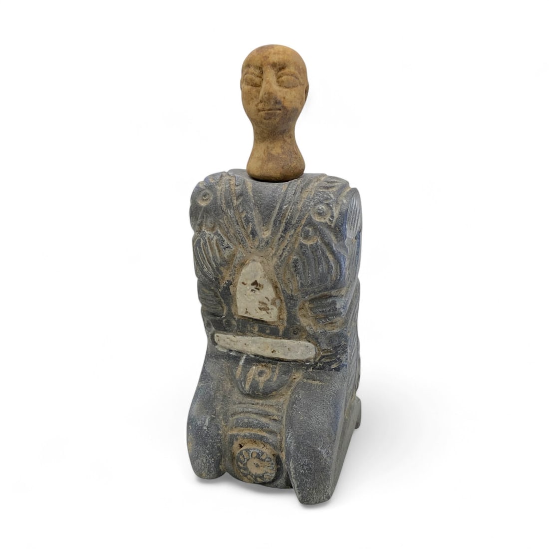 Ancient Bactrian Decorated Anthropomorphic Idol in Stone and Inlay, c. 3rd-2nd Millennium BCE, 366g (1 of 3)