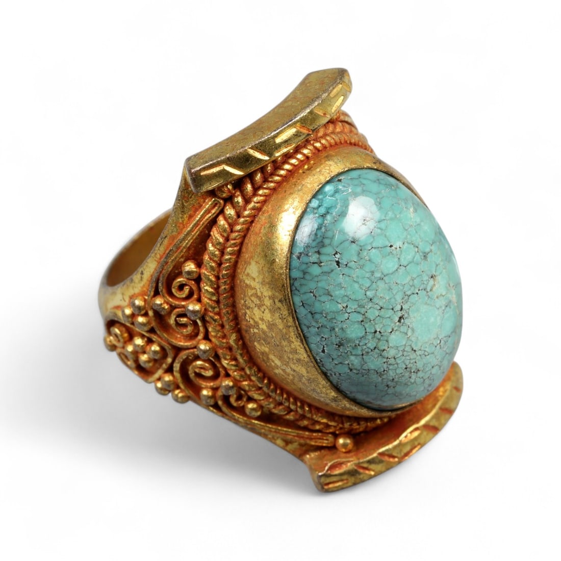 Antique Ottoman Turquoise Cabochon Gilded Silver Court Ring, c. 19th Century, 16g (1 of 3)