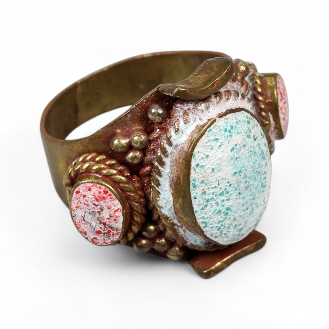 Antique Nepalese Tripartite Enamel Ritual Ring, Silver Alloy, c. Mid-20th Century, 9.2g (1 of 3)