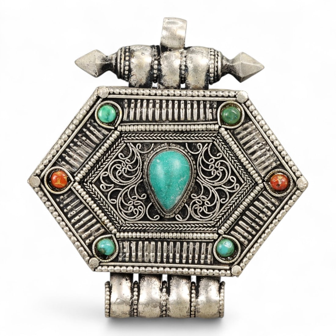 Antique Himalayan Hexagonal Gau Amulet Pendant with Turquoise and Coral, 20th Century, 62g (1 of 2)