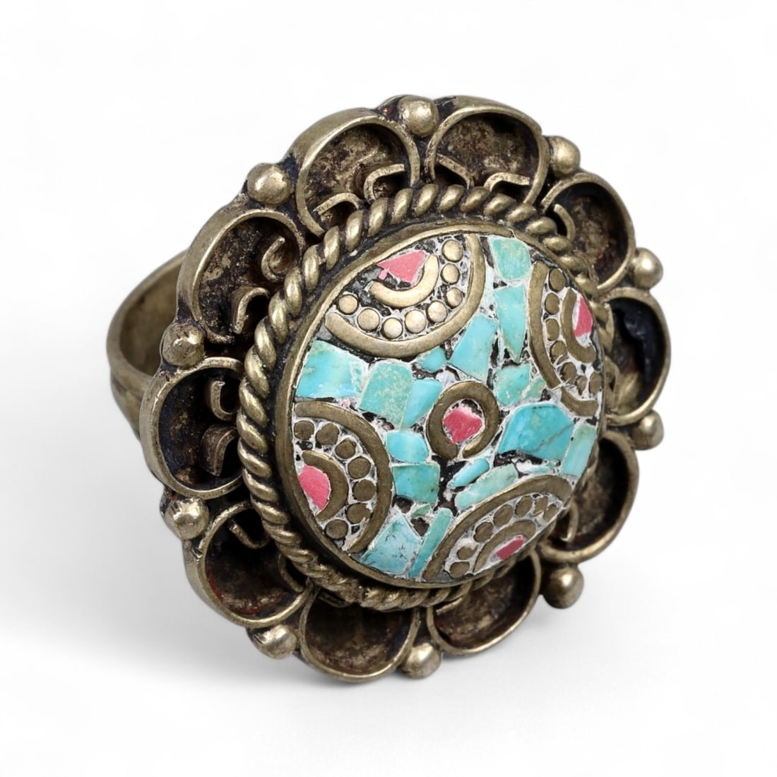 Antique Himalayan Mosaic Turquoise Coral Inlay Ritual Brass Ring, c. 19th-20th Century, 15g (1 of 3)