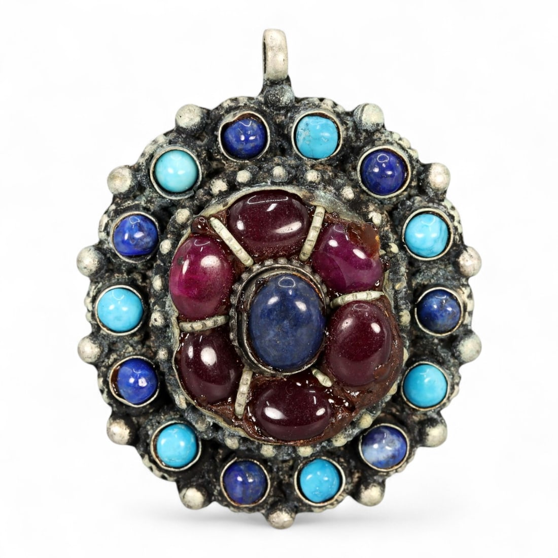 Antique Himalayan Mandala-Inspired Silver Pendant with Ruby, Lapis, and Turquoise, 20th Century, 24g (1 of 2)