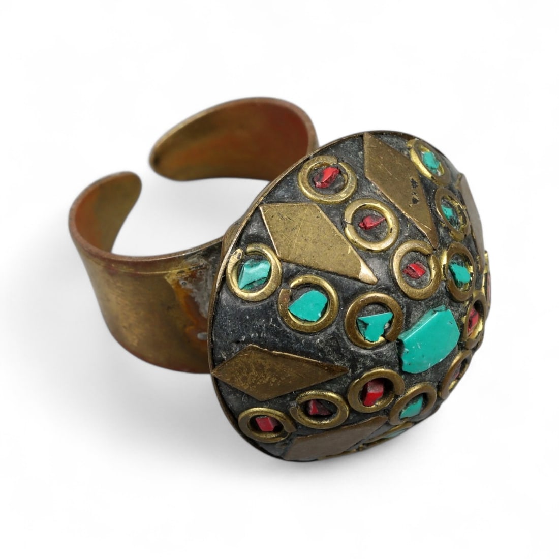 Antique Central Asian Tribal Inlay Brass Shield Ring, c. Late 19th Century, 14g (1 of 3)