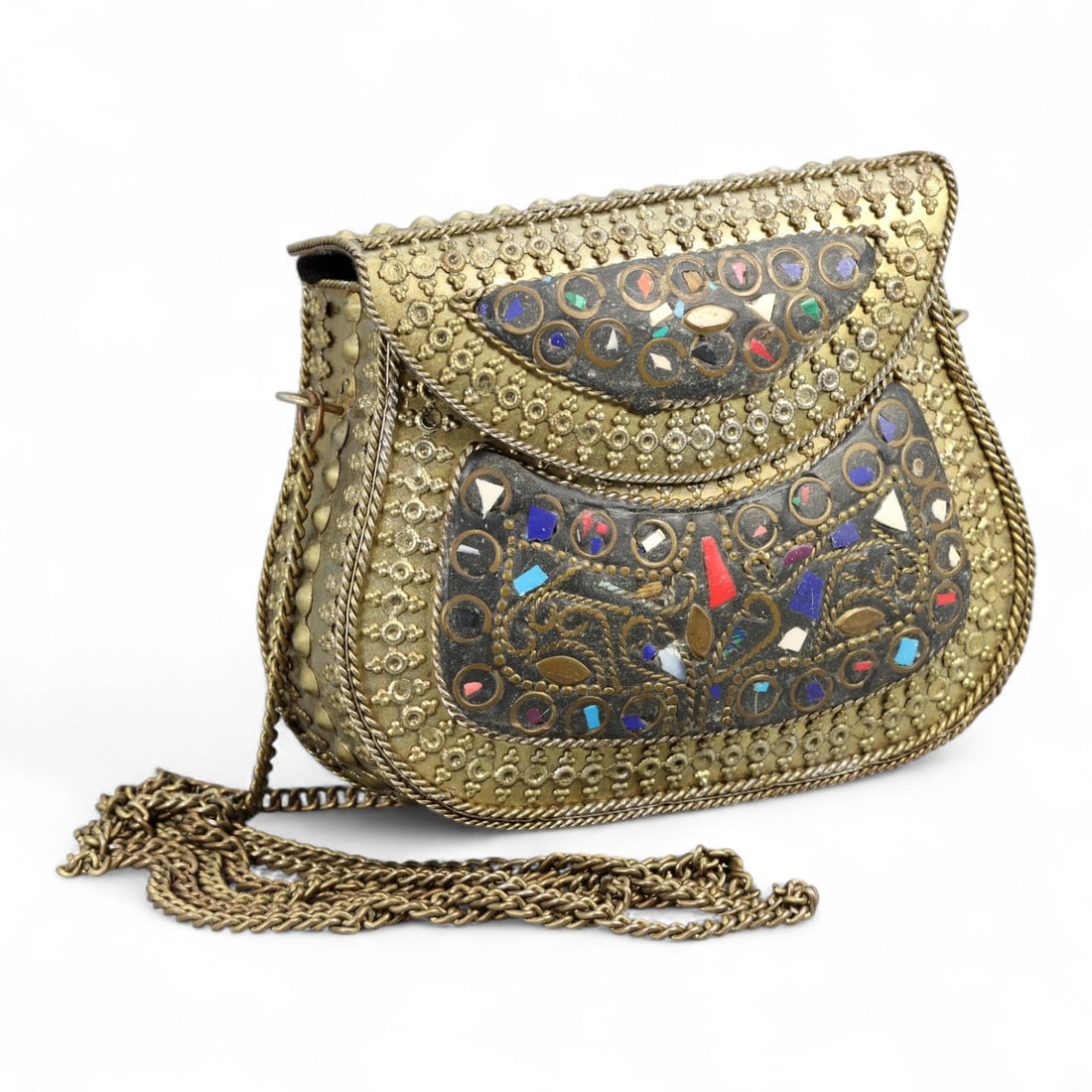 Antique Indian Mughal Revival Mosaic Brass Minaudiere Purse with Inlay, 20th Century, 175g: This ornate brass minaudiere-style purse embodies the luxurious artistic traditions of the Indian subcontinent during the 20th century, inspired by the opulence of Mughal decorative arts. With its int