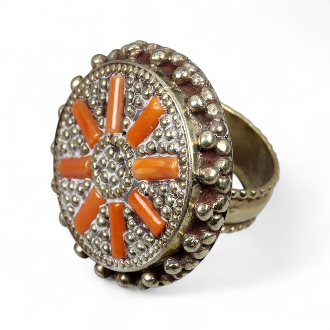 Antique North African Berber Sunburst Coral Brass Tribal Ring, c. 19th-20th Century, 18g (1 of 3)