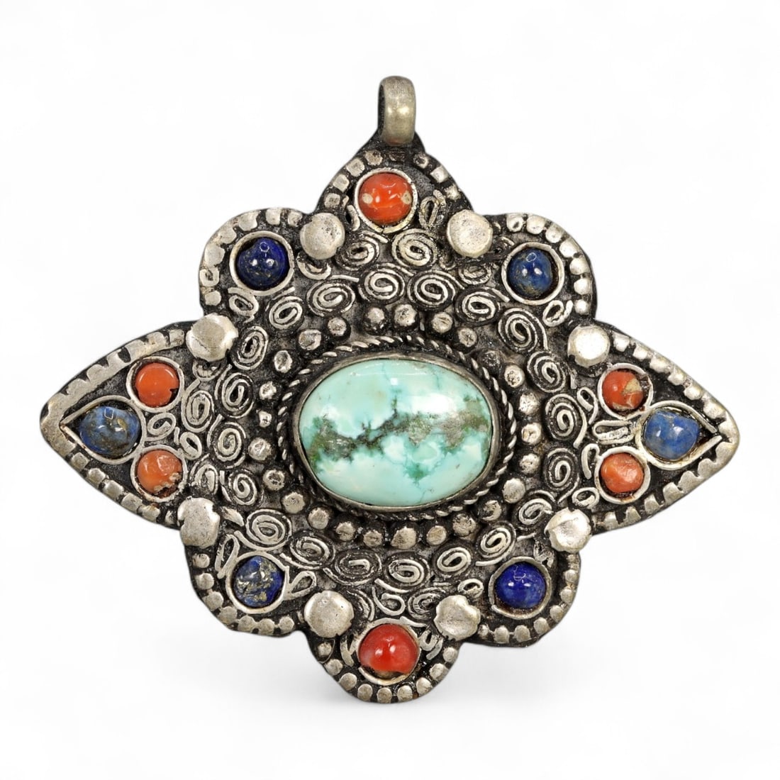 Antique Himalayan Lotus Star Silver Pendant with Turquoise, Coral & Lapis Inlays, 20th Century, 11g (1 of 2)
