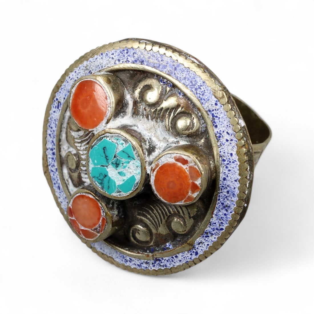 Antique Tibetan Mandala Ring with Coral and Turquoise Cabochons, c. 20th Century, 15.5g (1 of 3)