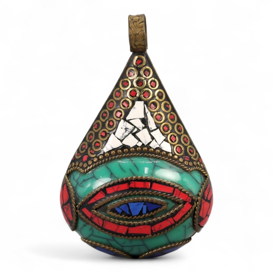 Antique Teardrop Brass Pendant with Turquoise, Coral, Lapis Inlay, Mosaic Design, 47g (1 of 2)
