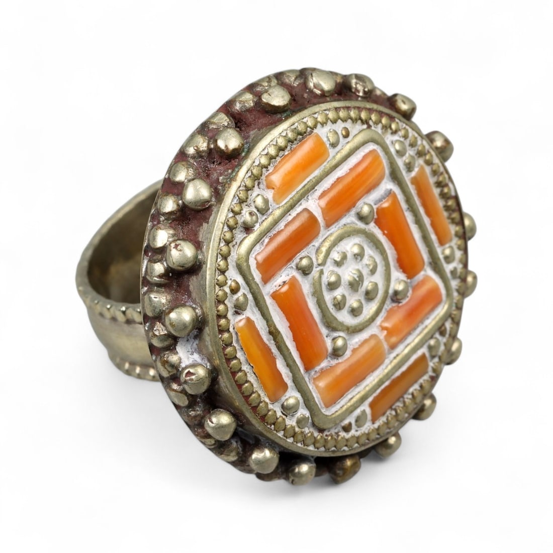Antique Tibetan Coral Inlay Yantra Mandala Ring, Silver Alloy, c. 20th Century, 18g (1 of 3)