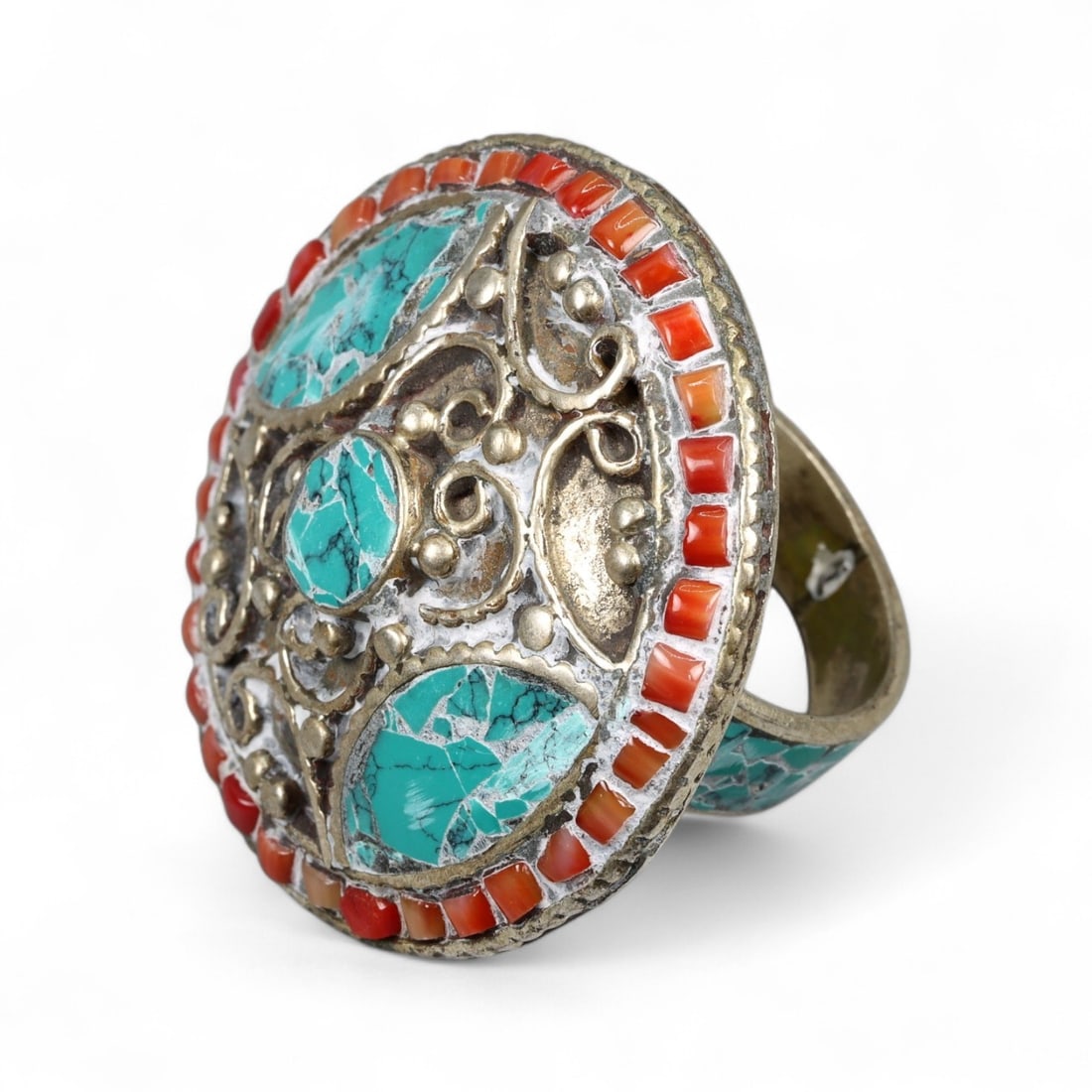 Antique Himalayan Tribal Turquoise Coral Inlay Silver Filigree Ring, c. 19th-20th Century, 21g (1 of 3)