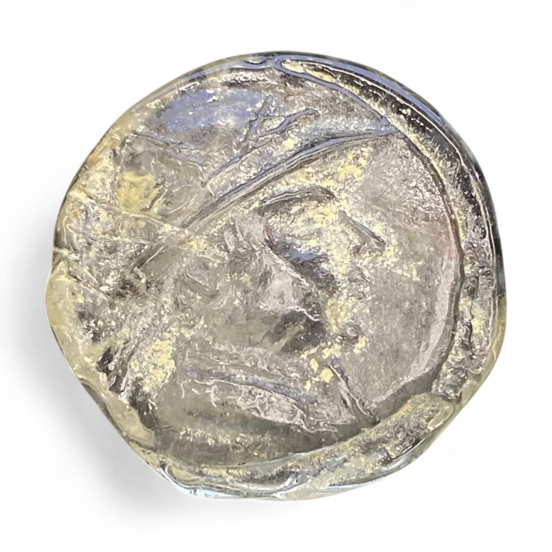 Ancient Greco-Bactrian Portrait Intaglio in Clear Glass, c. 3rd-2nd Century BCE, 12g: This captivating intaglio gem, crafted in translucent glass and weighing 12 grams, hails from the culturally rich Greco-Bactrian Kingdom, which flourished between the 3rd and 2nd century BCE. Measurin