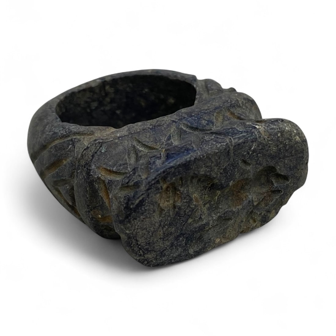 Ancient Parthian Engraved Steatite Stamp Seal Ring, c. 1st Century BCE - 2nd Century CE, 18g: This substantial and finely carved steatite ring dates to the Parthian Empire, a dominant cultural and political force in ancient Iran from the 1st century BCE to the 2nd century CE. Weighing 18 grams