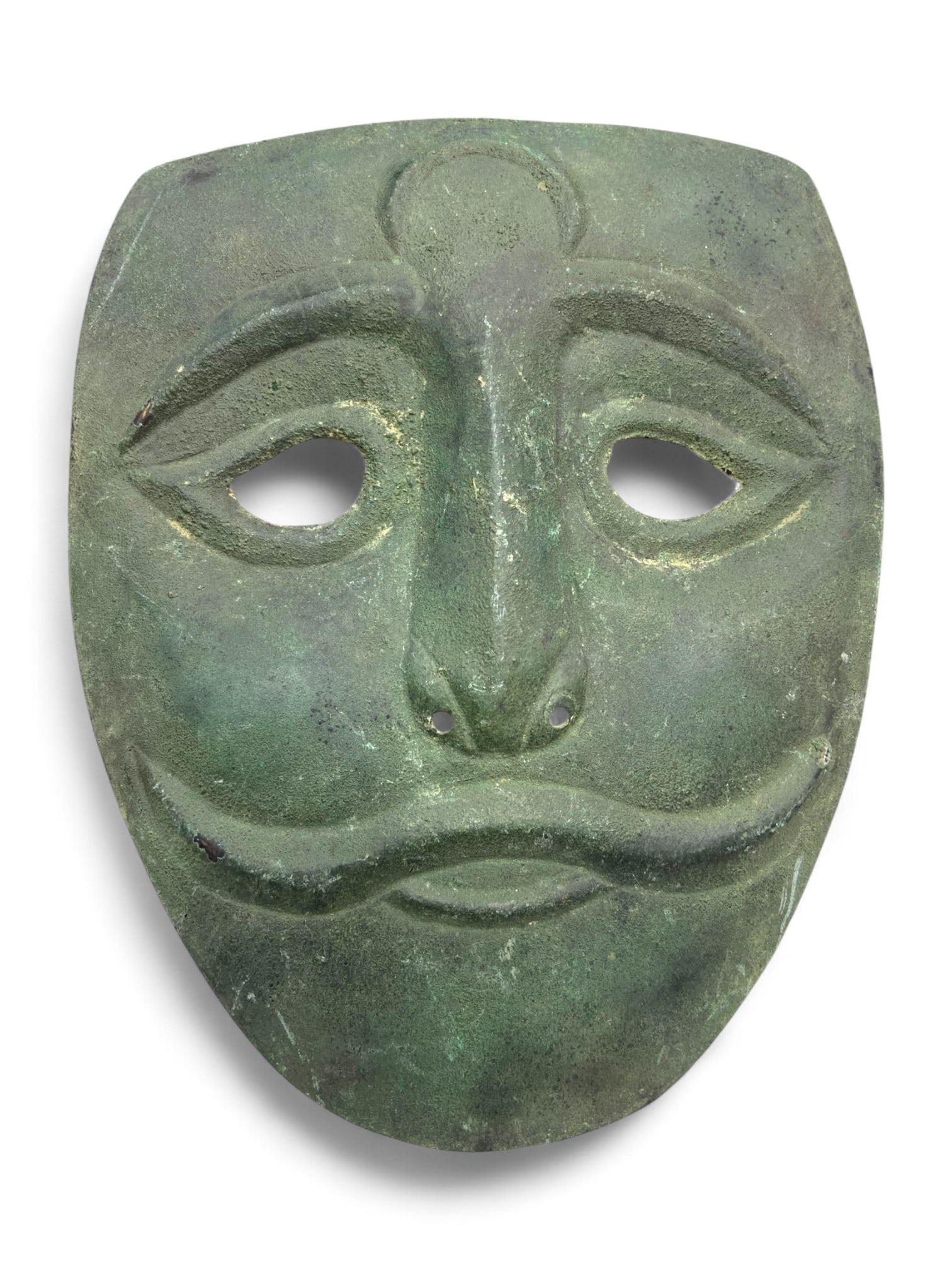 Ancient Parthian-Sasanian Bronze Ceremonial Mask with Forehead Disc Symbol, 1st-3rd Century CE, 344g: This rare bronze ceremonial mask, dating from the 1st to 3rd century CE, is a striking artifact of the Parthian-Sasanian cultural sphere in ancient Iran. Sculpted with stylized finesse, the mask portr