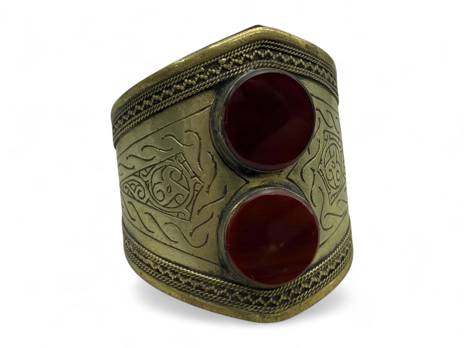 Vintage Central Asian Brass Bangle Bracelet with Carnelian Cabochons and Tughra-Inspired Motifs, 46g (1 of 3)