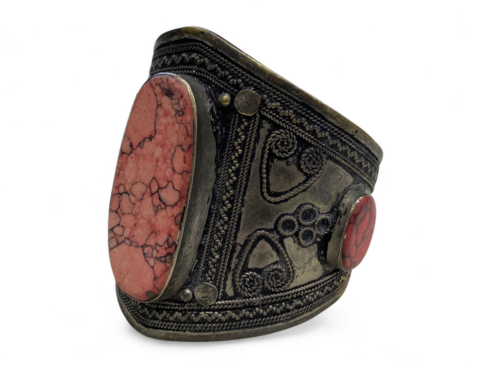 Vintage Himalayan Silvered Brass Bangle Bracelet with Pink Veined Coral Cabochons, 59g (1 of 3)
