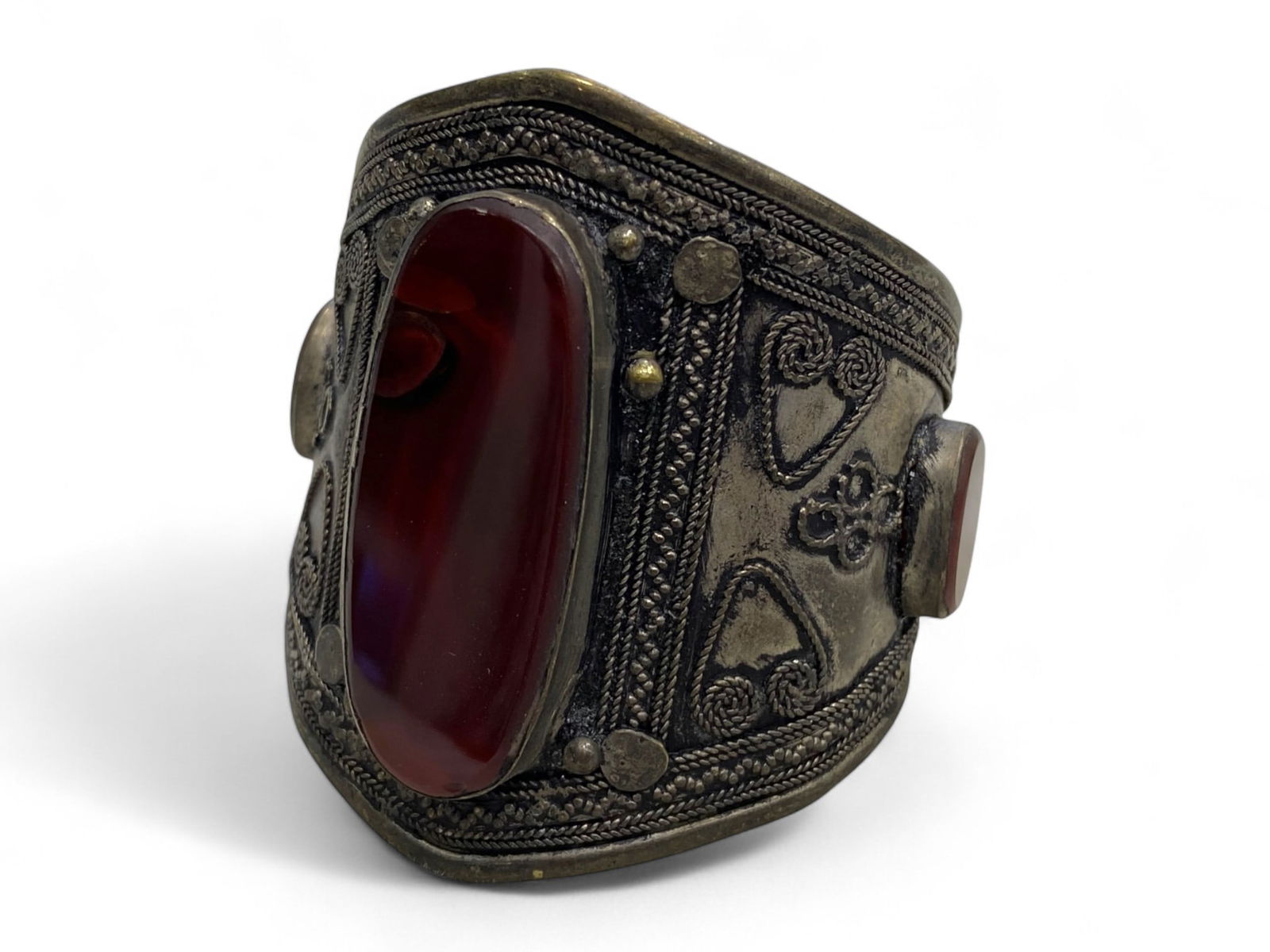 Vintage Himalayan Silvered Brass Bangle Bracelet with Carnelian Cabochons, 58g (1 of 3)