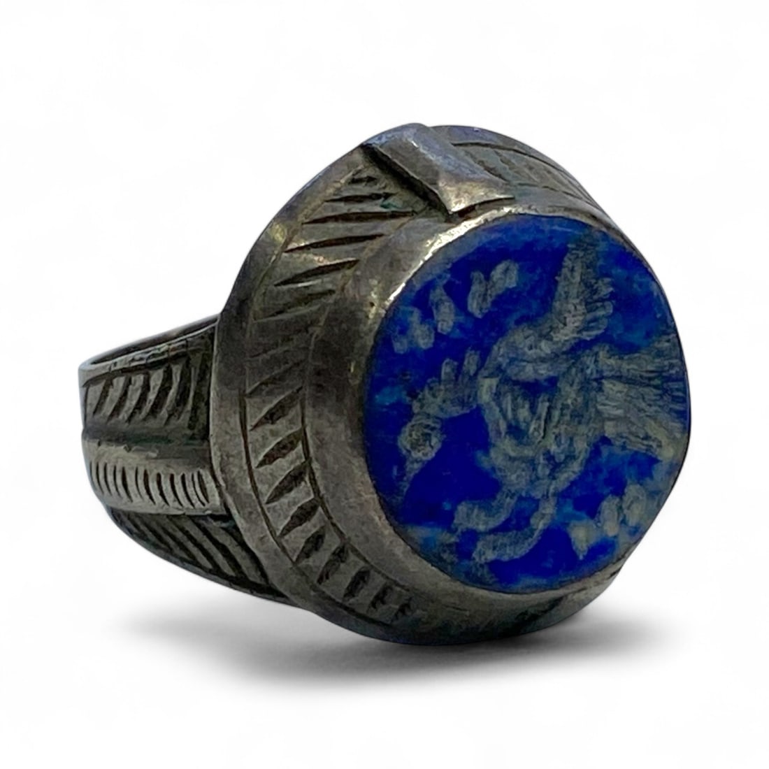 Antique Ottoman Turkic Silver Ring with Engraved Eagle on Lapis Inlay, c. 19th Century, 9g (1 of 3)