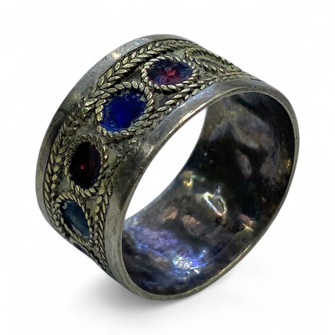 Antique North Indian Tribal Silver Multi-Stone Cabochon Band Ring, c. 19th Century, 4g (1 of 4)