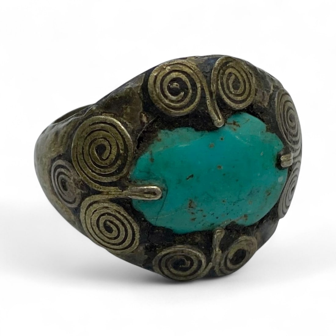 Antique Himalayan Swirl Motif Turquoise Silver Ring, c. 19th Century - 9g (1 of 3)
