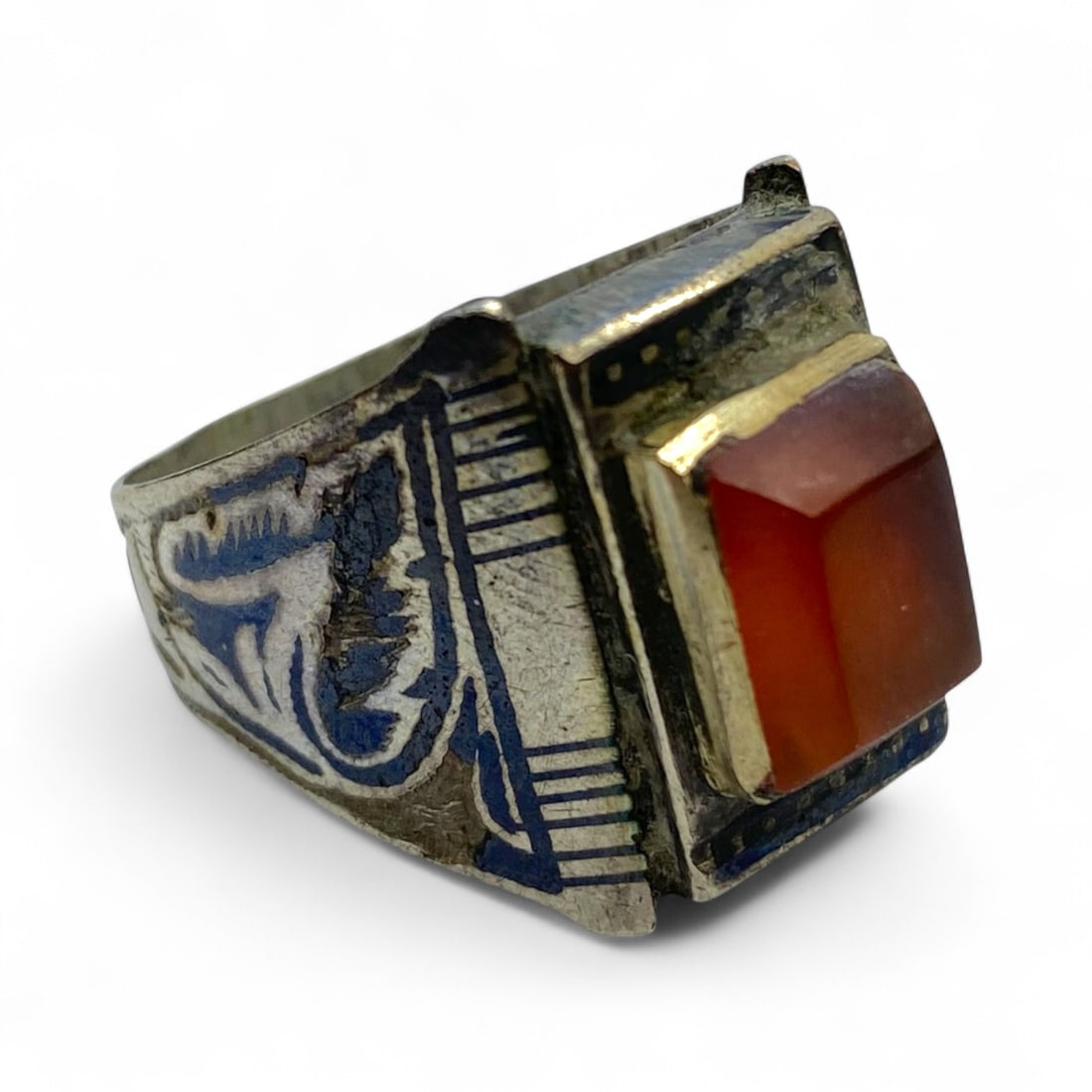 Antique Ottoman Niello Floral Panel Carnelian Silver Ring, c. Late 19th-Early 20th Century - 7g (1 of 3)