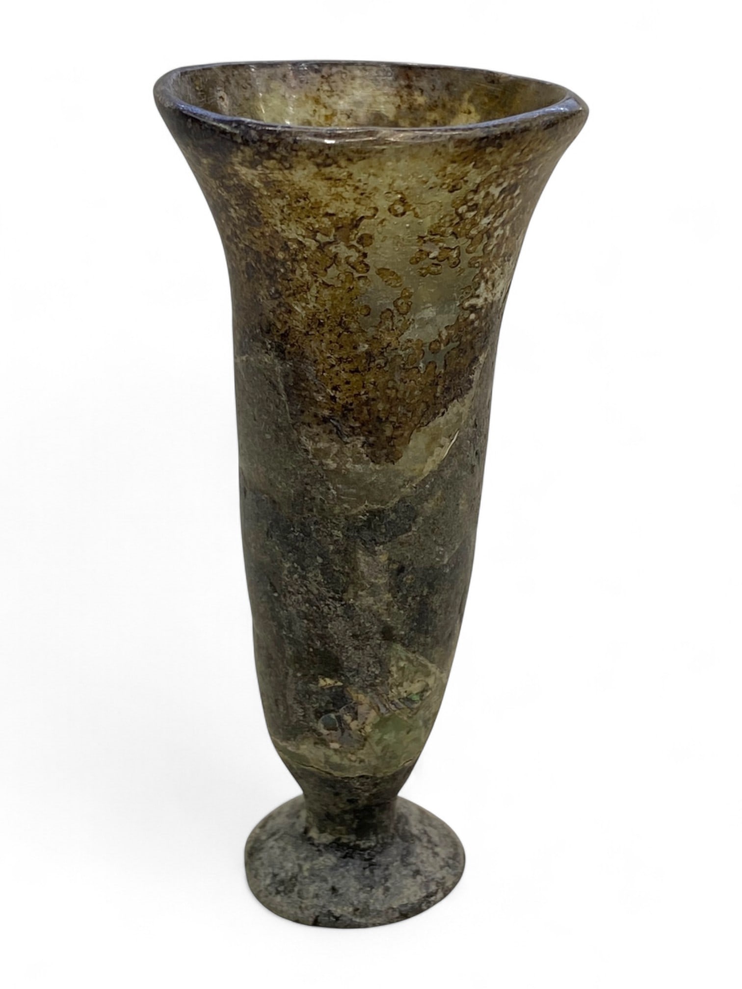 Ancient Roman Green Glass Trumpet Beaker, c. 1st-3rd Century CE, 31g: This elegant Roman glass vessel, dating to the 1st-3rd century CE, is a superb example of early imperial glassware. Standing 8 cm tall with a 4 cm diameter and weighing 31 grams (1.09 oz), it embodies