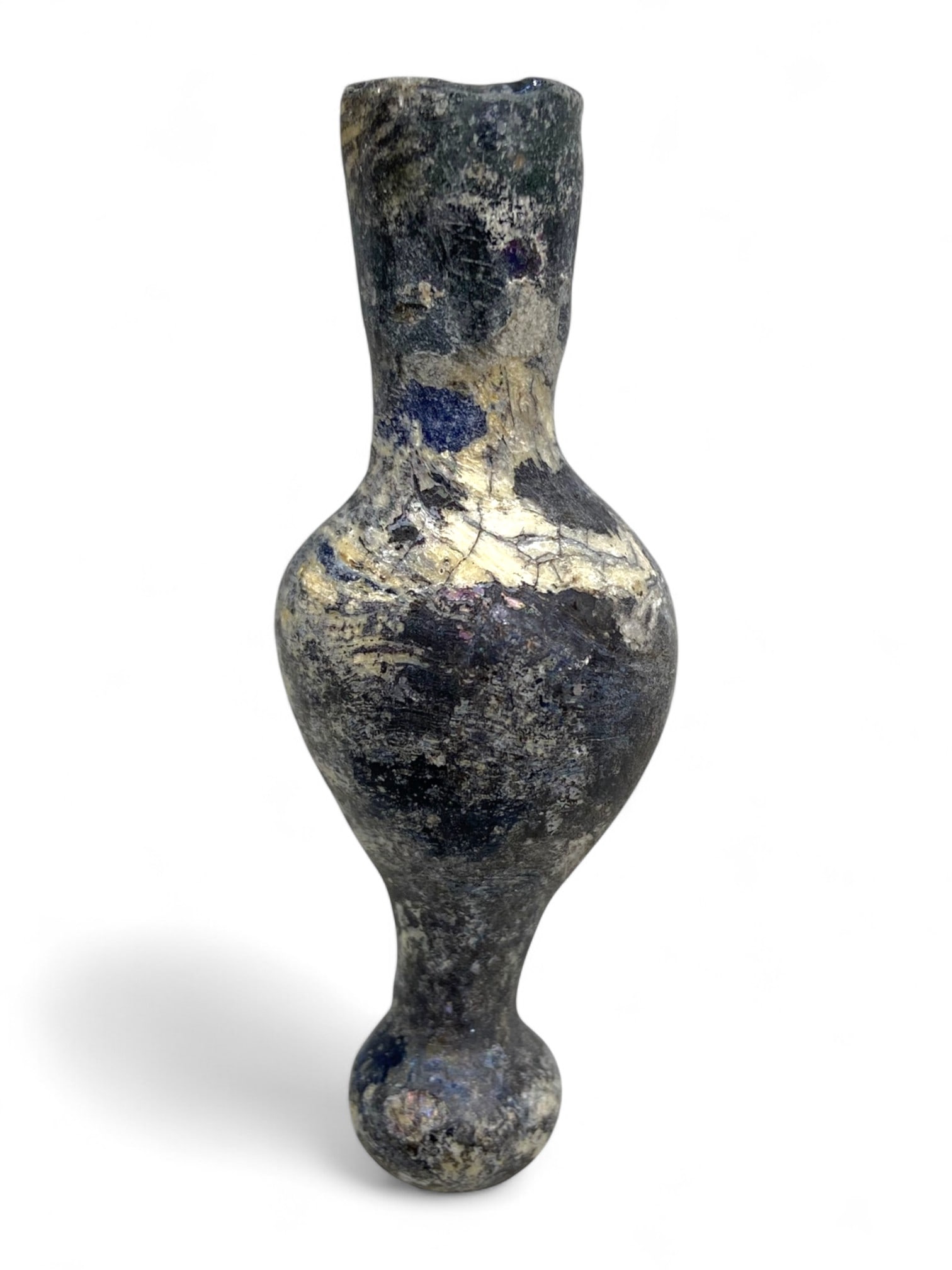 Ancient Roman Double-Bulbed Midnight Glass Unguentarium, c. 1st-3rd Century CE, 18g: This rare and graceful Roman unguentarium, dating from the 1st-3rd century CE, exhibits an unusual double-bulbed form, crafted in deep midnight glass with a now lustrous surface patina. Weighing 18 gr