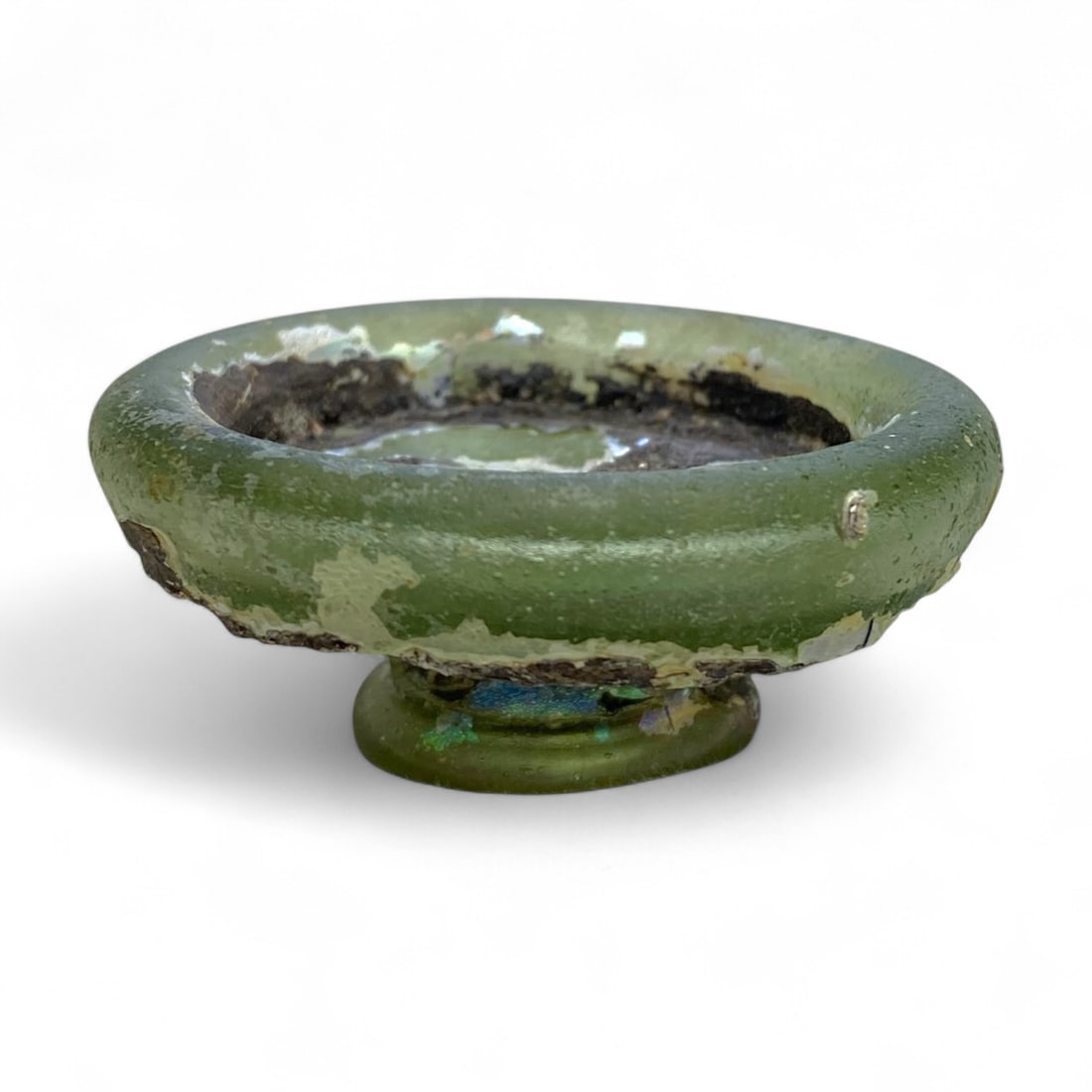 Ancient Roman Olive Green Glass Shallow Bowl with Footed Base, c. 1st-3rd Century CE, 37g (1 of 3)