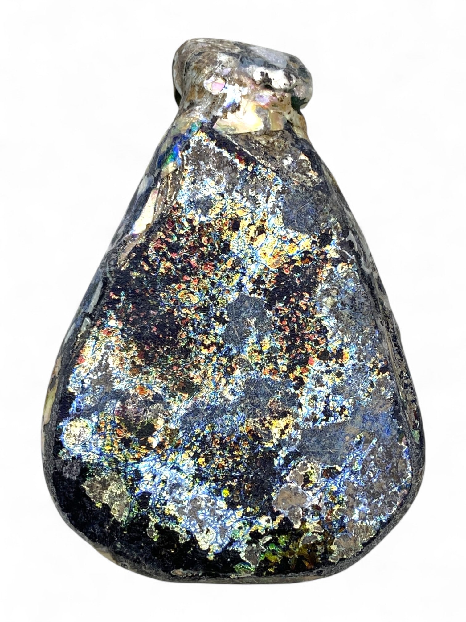 Ancient Roman Iridescent Glass Amulet or Locket Pendant, c. 1st-3rd Century CE, 115g: This extraordinary Roman artifact, dating from the 1st-3rd century CE, likely served as a pendant, amulet, or personal locket of exceptional significance. Cast in thick, dark glass with a now electrif