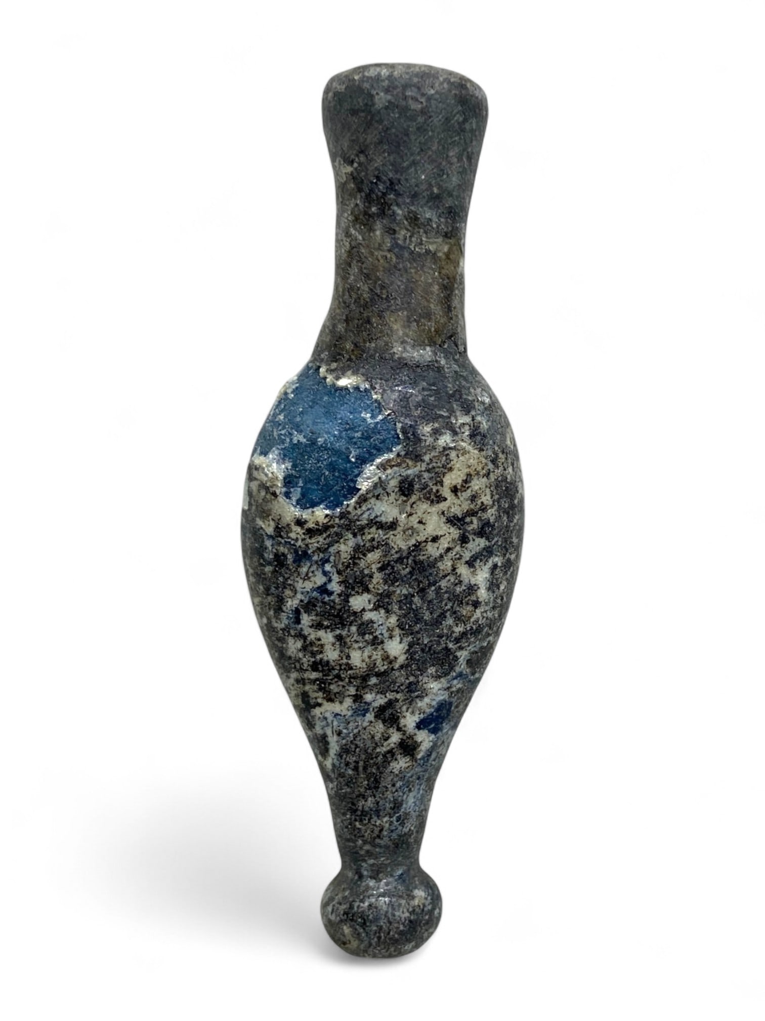 Ancient Roman Amphora-Form Glass Cosmetic Dropper, c. 1st-3rd Century CE, 13g: This slender and elegant Roman glass dropper bottle, crafted in the shape of a miniature amphora, dates to the 1st-3rd century CE and stands at approximately 7 cm tall and 2 cm wide. Weighing a mere 1