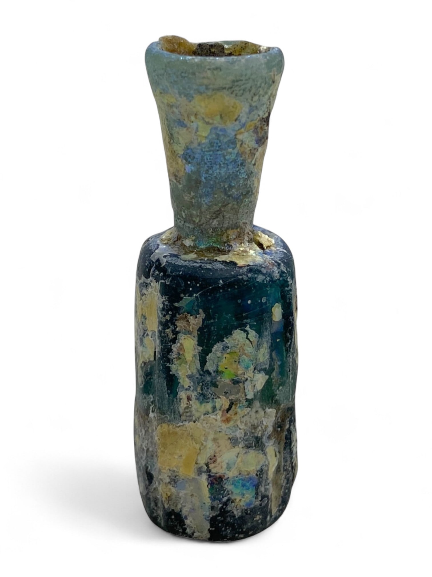 Ancient Roman Banded Blue-Green Glass Unguentarium, c. 1st-3rd Century CE, 22g: This slender and richly colored Roman glass unguentarium, dating from the 1st to 3rd century CE, stands approximately 6 cm tall and 2 cm in diameter. Formed in layered hues of deep blue and green glas