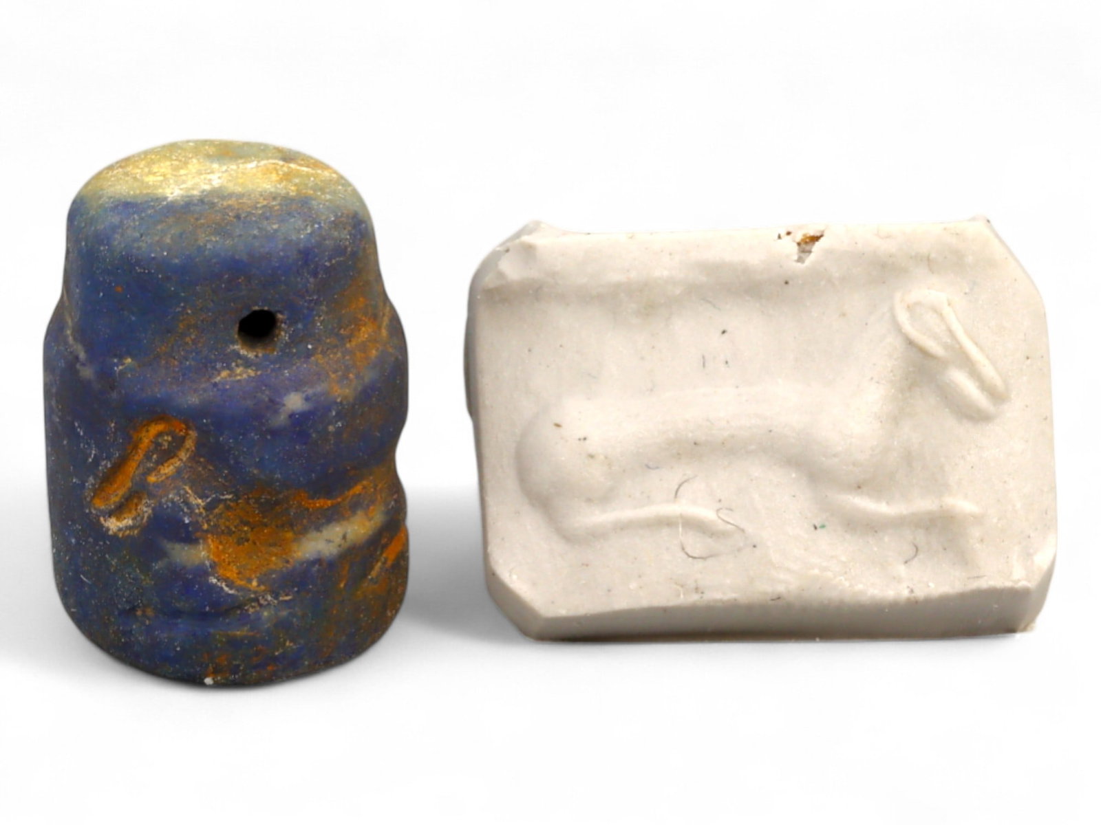 Ancient Elamite Leaping Ibex Motif Lapis Lazuli Cylinder Seal, c. 2500-1800 BCE, 5.2g: This compact and finely detailed cylinder seal, dating from the Elamite period (c. 2500-1800 BCE), is carved from rich blue lapis lazuli and bears the image of a leaping ibex-one of the most enduring 