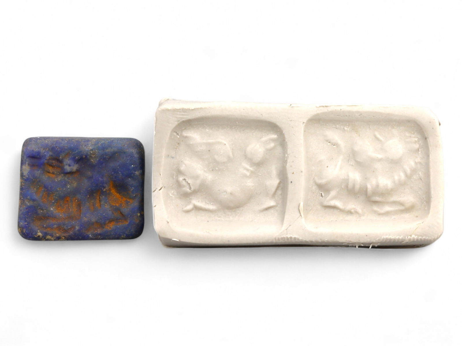 Ancient Elamite Mythical Beast Dual-Panel Lapis Lazuli Stamp Seal, c. 2500-1800 BCE, 2.5g: This extraordinary dual-panel lapis lazuli stamp seal, dating to the Elamite period (c. 2500-1800 BCE), captures the mystical and artistic spirit of one of the earliest Iranian civilizations. Rectangu