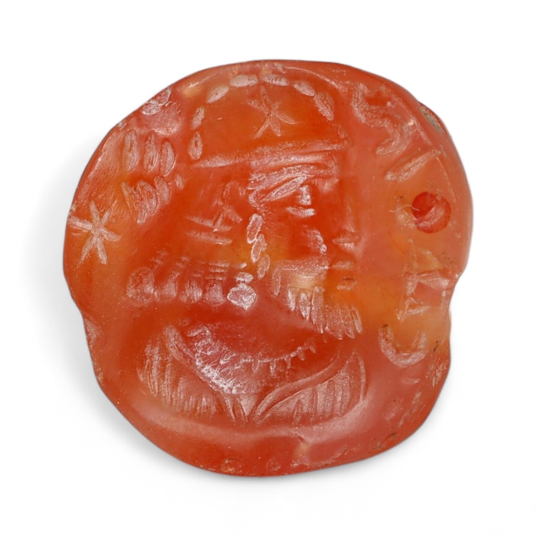 Ancient Sasanian Carnelian Intaglio of Royal Bust, c. 4th-6th Century CE, 2.4g: Finely engraved on warm reddish-orange carnelian, this 1.5 cm intaglio features the profile bust of a Sasanian royal figure-likely a king or noble-wearing a diadem and adorned with detailed facial hai