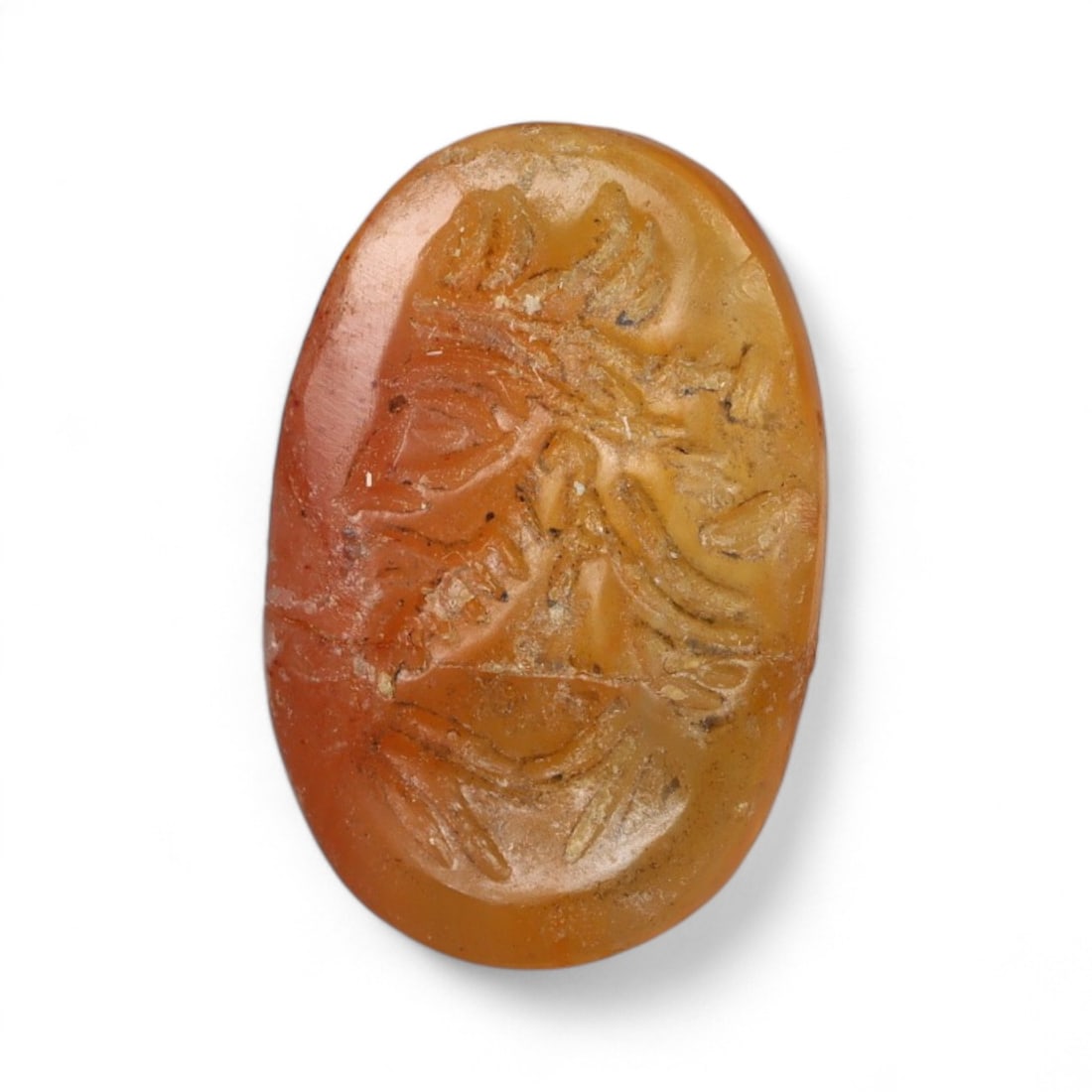 Ancient Sasanian Intaglio of Bearded Noble, Carnelian, c. 3rd-6th Century CE, 0.8g: This finely carved carnelian intaglio, measuring 1.6 cm and weighing 0.8 grams, dates to the Sasanian Empire, one of Iran's most artistically refined and politically powerful dynasties (c. 224-651 CE)