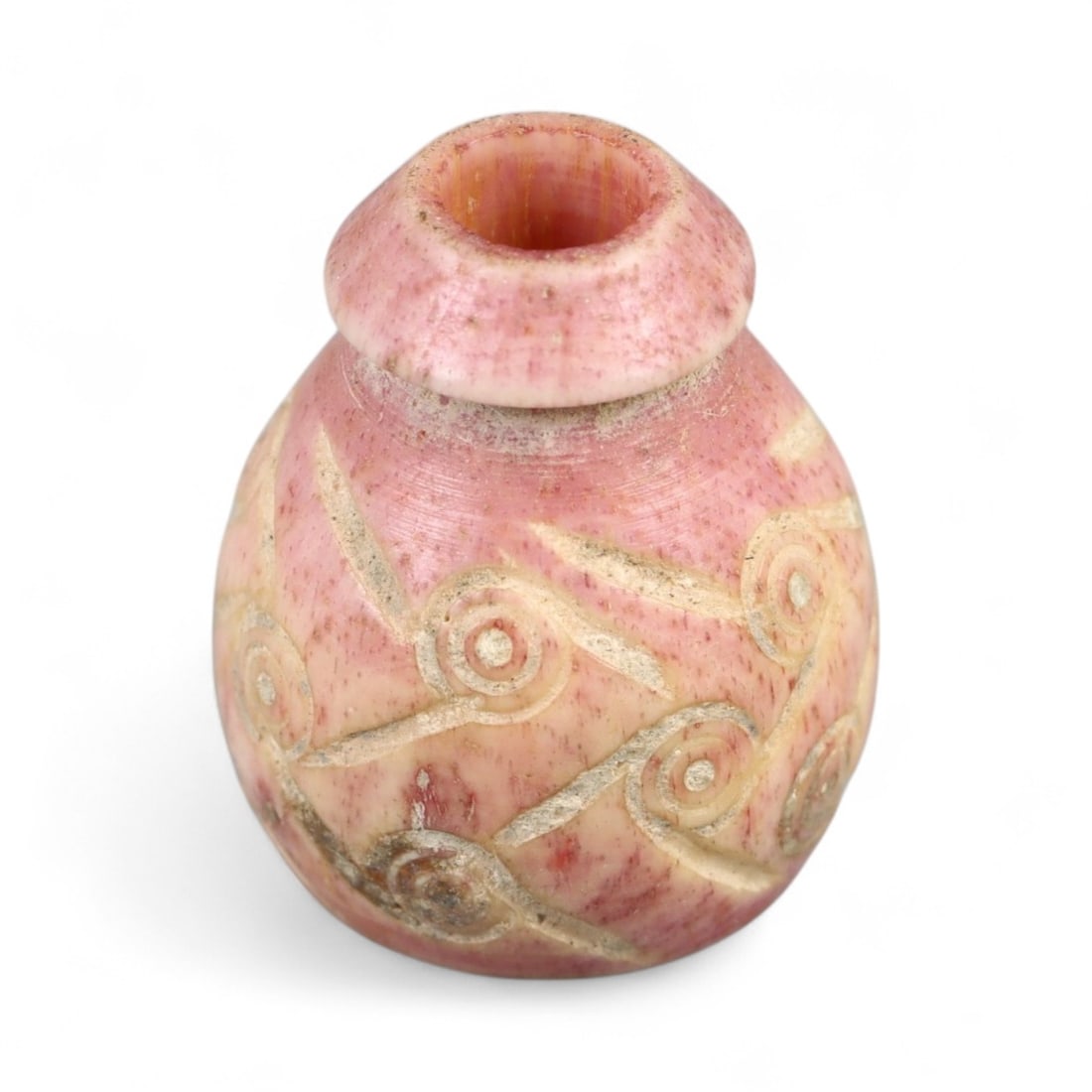 Ancient Indo-Greek Radiant Rosette Sun Symbol Spindle Whorl, c. 2nd-1st Century BCE, 1.5cm, 2.3g: This remarkable spindle whorl, carved from a pink-hued stone with exceptional delicacy and geometric precision, originates from the culturally rich Indo-Greek period in Northern India and Afghanistan.