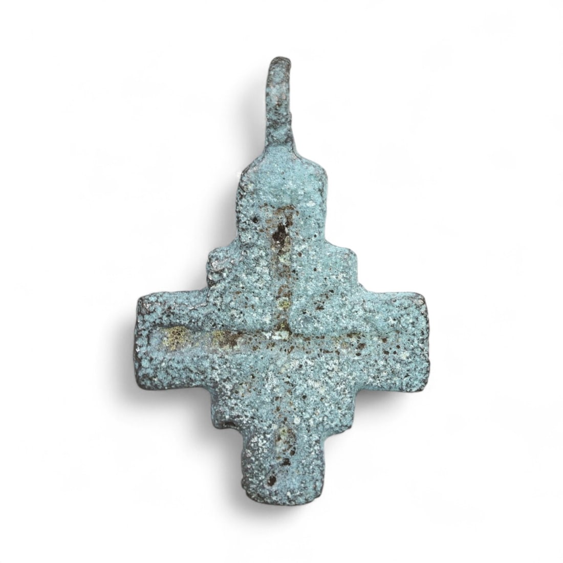 Ancient Slavic-Byzantine Patinated Bronze Cross Pendant, c. 10th-12th Century CE, 1.4g: This striking bronze cross pendant, measuring 2.3 x 1.5 cm and weighing 1.4 grams, features a stepped architectural design and a rich mineral patina developed over centuries. Cast during the Christian