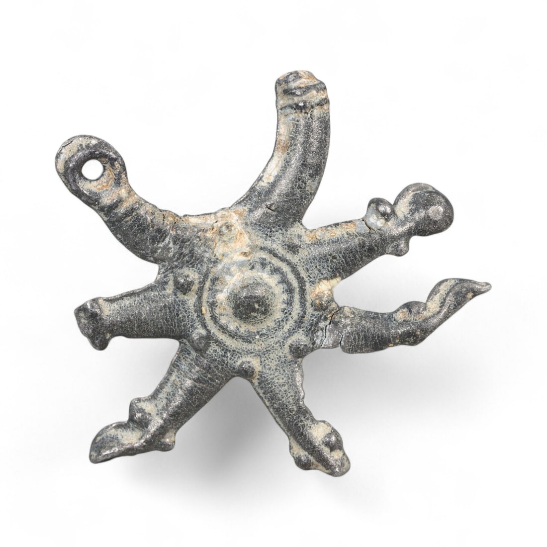 Ancient Slavic Radiant Star Symbol Lead Amulet, c. 9th-11th Century CE, 4.6g: This rare Early Medieval Slavic amulet, cast in solid lead and measuring approximately 2.9 cm in diameter, embodies the symbolic depth and folk beliefs of Eastern Europe during the 9th-11th century CE