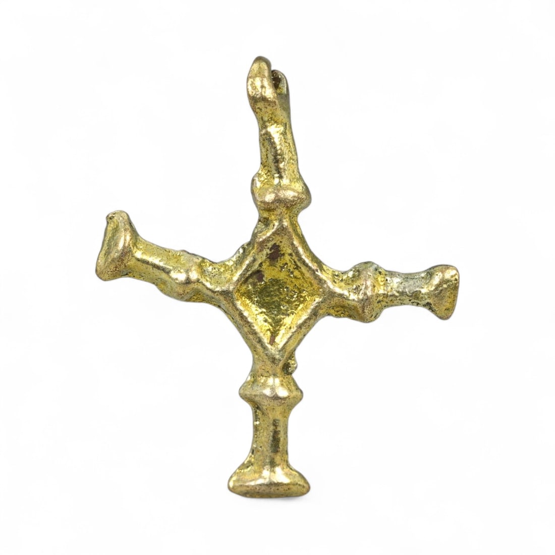 Ancient Slavic Gilt Lozenge-Centered Bronze Cross Pendant, c. 10th-12th Century CE, 1.2g: This elegant Christian cross pendant, measuring 2.4 x 1.9 cm and weighing 1.2 grams, stands as a shining testament to the sacred artistry of the Slavic world during the 10th-12th century CE. Crafted i